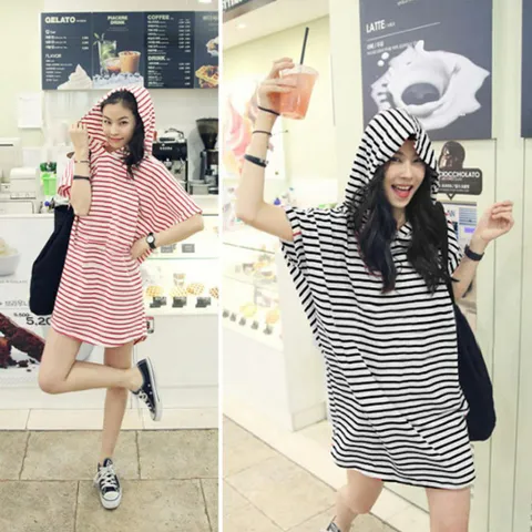 원피스 OPS 드레스 여성 엉덩이덮는 롱티셔츠 스트라이프 후드 티