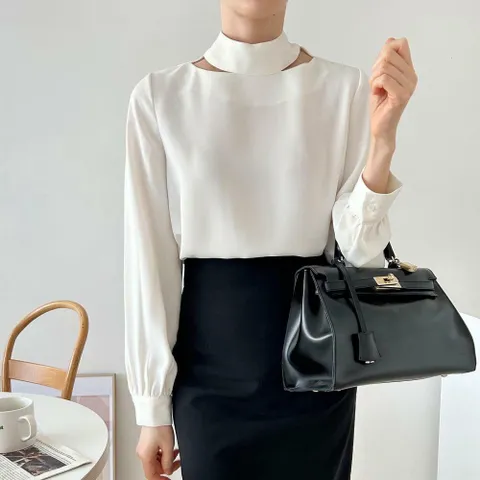 여성 셔링소매 반목트임 단정한 FW 흰색 블라우스