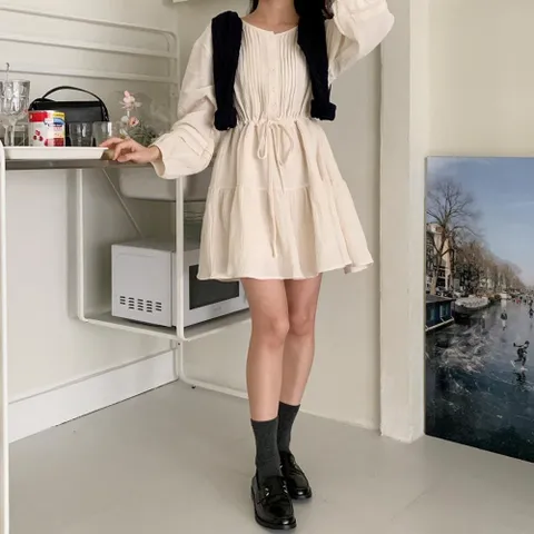|CHO5A8A|여성 라운드넥 허리 조임 반오픈 캉캉 스타일 원피스