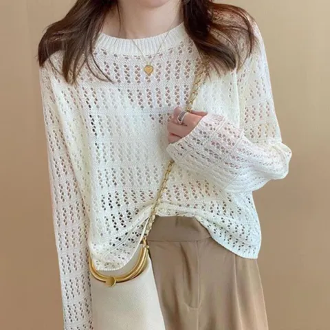 |CCT95EF|여자 데일리 루즈핏 펀칭 짜임 그물 긴팔 니트