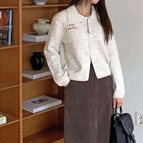 |CHJ697F|여자 도톰 믹스컬러 자수 세미크롭 투웨이 니트 집업