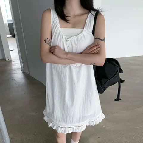 |CHO5709|여자 스트링 유넥 오버핏 프릴 민소매 미니 원피스