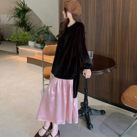 [하프클럽/옷자락]여자 벨로아 콤비 실키 배색 연말룩 벨벳 롱원피스