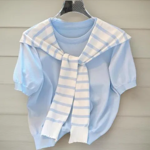 아트박스/신상오픈런 여성 퍼프소매 반팔 니트 세트 스트라이프 숄 +할인쿠폰