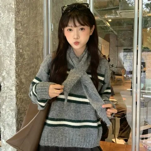 [하프클럽/샵앤]여성 방한 배색 단가라 니트티 머플러 세트 21DS-WSET-5082-그레