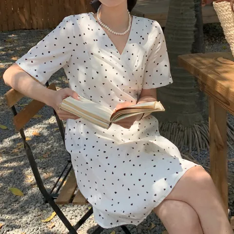 네쥬 봄 여름 브이넥 하트패턴 예쁜 미니 랩 원피스