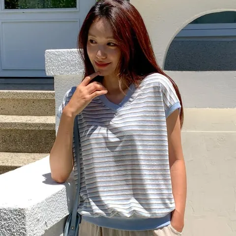 여성 브이넥 린넨 배색 단가라 반팔 맨투맨 +할인쿠폰