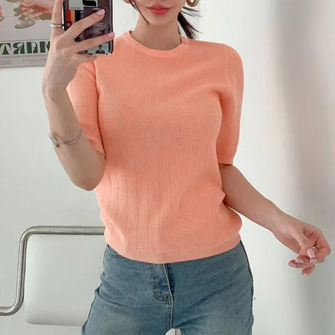 H스타일(KN)베르R반팔니트티 봄 간절기 여성 니트티 스웨터 라운드 반팔 데일리