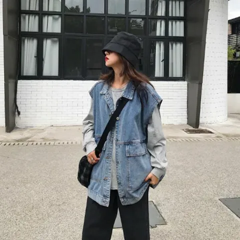 [하프클럽/옷자락]여자 스포티 미디엄블루 여유핏 포켓 데님 청 조끼