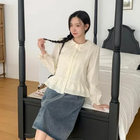 [하프클럽/옷자락]여성 봄 사랑스러운 라운드 카라 프릴 레이스 플레어 블