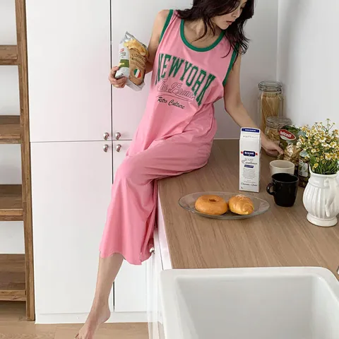 [유어하젤] 플로리다 배색 프린팅 롱나시 면원피스_M4107