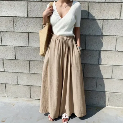 허리밴딩 와이드 린넨 팬츠 여성 하의 바지 긴바지 마바지 캐주얼 통바지