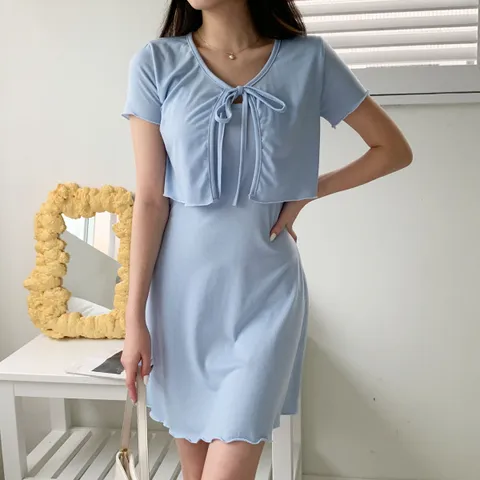 네쥬 여름 반팔 가디건 끈 나시 미니 원피스 세트