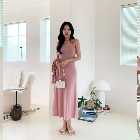 네쥬 여성 여름 긴팔 가디건 끈 나시 원피스 세트