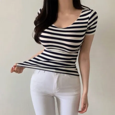 |KMT9133|여성 브이넥 스트라이프 슬림 티셔츠 단색