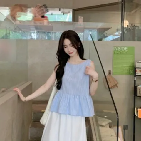 |CCH3E2F|여성 클래식 스트라이프 민소매 플레어 핀턱 블라우스
