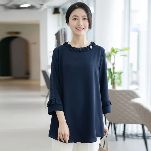 엄마옷 모슬린 엄마옷 프릴 라운드 블라우스 613HJK382 중년여성/50대/60대/70대/빅사이즈/할머니옷/마담 +할인쿠폰