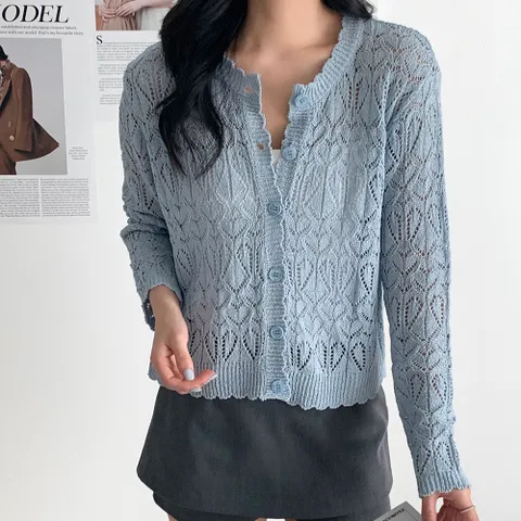 여자 여성스러운 하트스카시 펀칭 웨이브 SS 스웨터 가디건