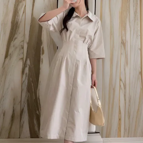 여자 카라넥 핀턱 슬림핏 칠부 데이트룩 롱원피스