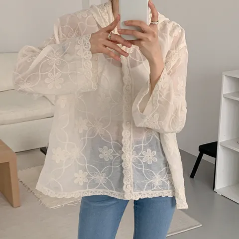 여자 플라워자수 후디 비침 여름긴팔 레이스 가디건