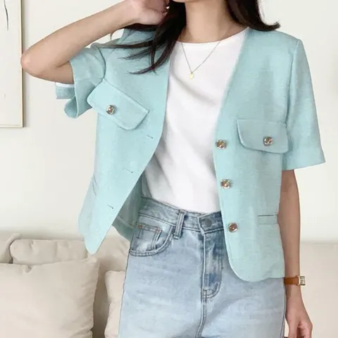 아트박스/신상오픈런 딘로바 V넥 썸머 여성 숏슬리브 트위드 주머니 +할인쿠폰