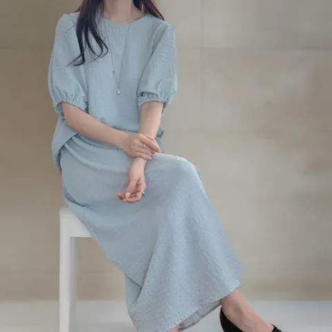 여성 긴치마 큰사이즈 티셔츠 벌룬 반소매 에이라인 세트