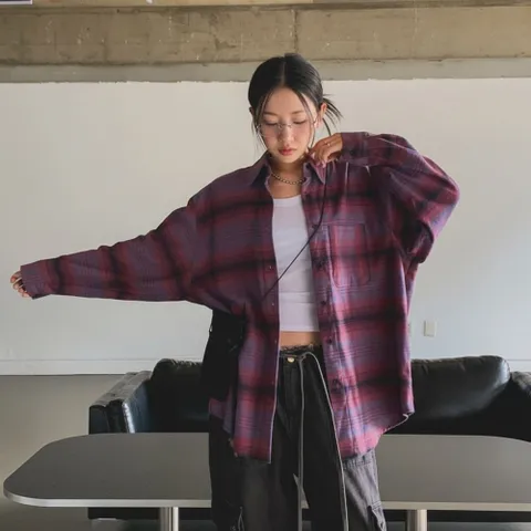 |KHH4447|여성 체크 오버핏 카라넥 레트로 셔츠 +할인쿠폰