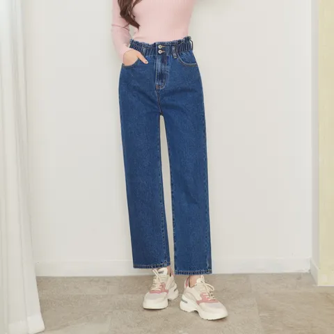 [진마니아] 허리밴딩 투버튼 레트로 블루 와이드진  빅사이즈 청바지 데님 팬츠 통바지