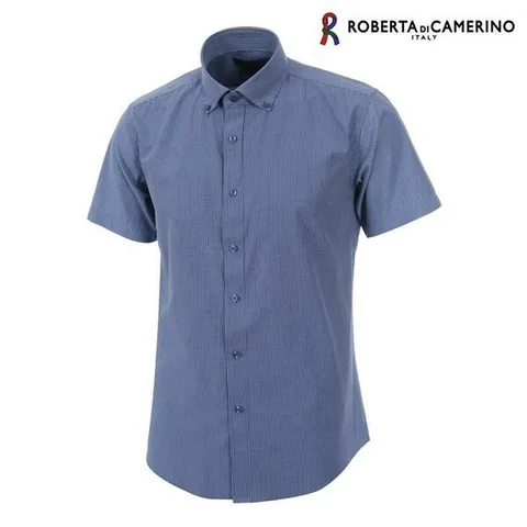 [하프클럽/로베르타 디 까메리노]CP 잔체크 버튼다운 슬림핏 네이비 반소매 셔츠 RL2-4