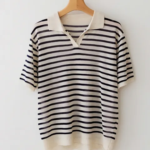 [SALE] 여성 봄 여름 린넨 카라 스트라이프 니트