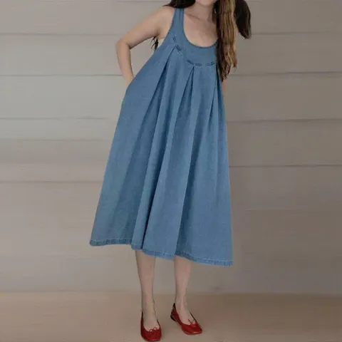 |CHO5598|여성 뒷트임 스트랩 롱 민소매 데님 원피스 핀턱 밴딩