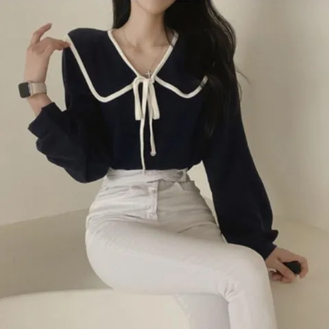 |CCH413A|여성 사랑스러운 색상 조합 세일러 카라 리본 블라우스