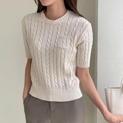 [하프클럽/옷자락]여자 봄 데일리 미니멀 미니포켓 반팔 케이블 니트