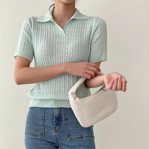 [하프클럽/옷자락]여자 봄 오픈셔츠 카라 꽈배기 케이블 반팔 니트