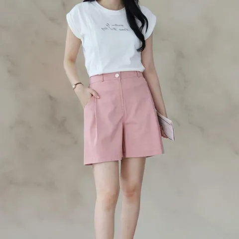 여성 여름 핑크 반바지 핀턱 와이드 뒷밴드 스판 숏팬츠