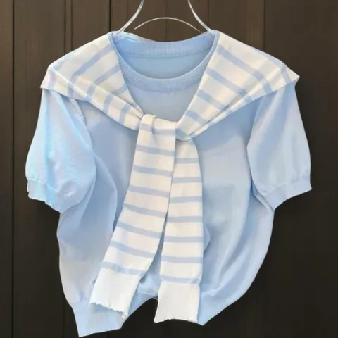 |CCD26FB|여성 비스코스 스트라이프 반팔 니트와 무지 숄 세트