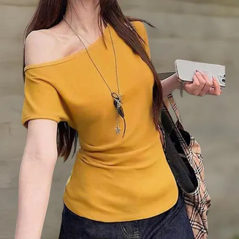 |CCT9865|여성 슬림핏 반팔 티셔츠 어깨 트임 무지컬러 디자인