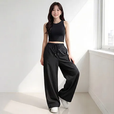 여성 면100 사이드 핀턱 와이드 코튼 팬츠 조거핏 투웨이 스트링 밴딩 데일리 바지 sado 1001W