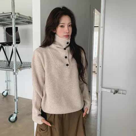 |CHT9CC0|여성 데일리 잔고리 오버핏 터틀넥 단추 니트