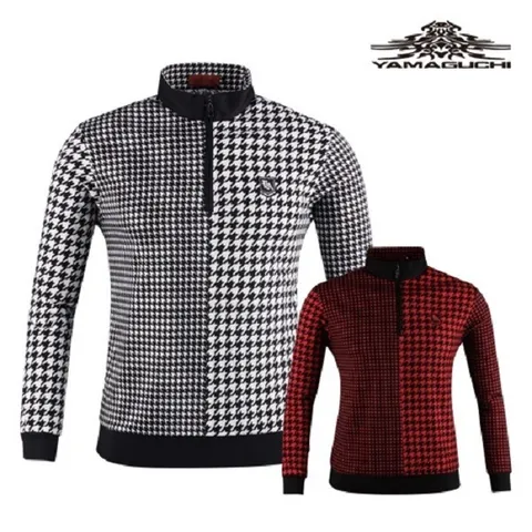 남성 골프 상의 하운드 체크 반집업 긴팔 니트 셔츠