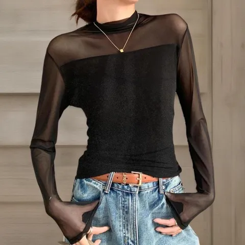 |CCT987C|여성 벨벳 시스루 블랙 긴팔 티셔츠 비침 유니크 디자인