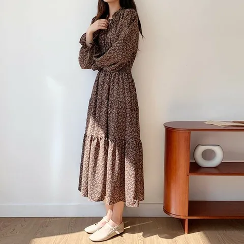 [하프클럽/옷자락]여자 프릴 리본 넥 소매 스모크 플라워 롱 원피스