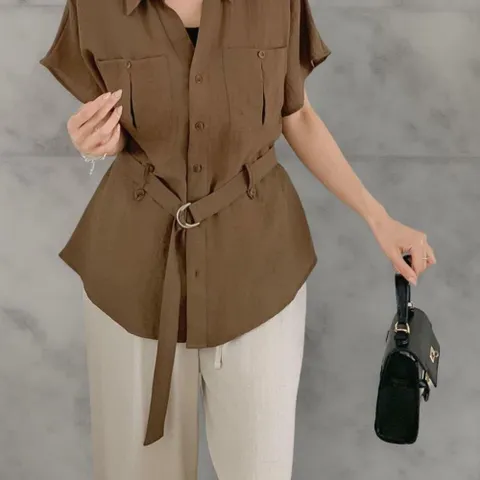 여성 일상용 레이온 반소매 더블포켓 혁대 블라우스