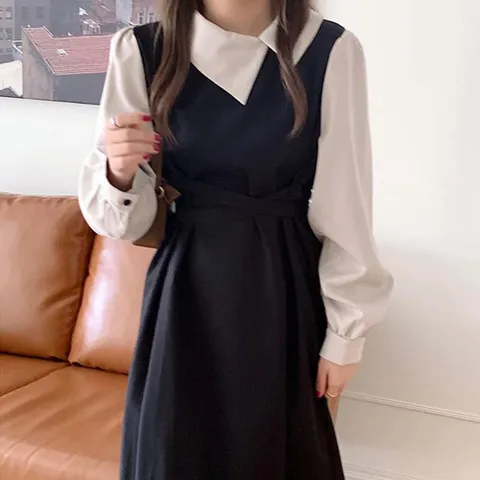 원피스 OPS 드레스 깔끔한 카라넥 배색 디자인 롱 블랙