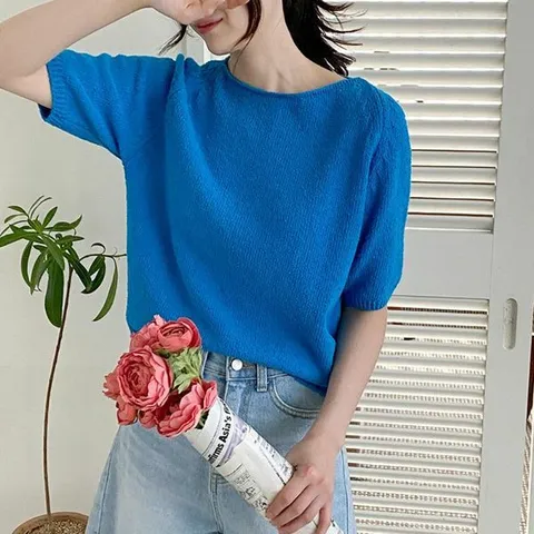 [하프클럽/다잇템]여자 코발트 보트넥 부클레 반팔니트 티셔츠