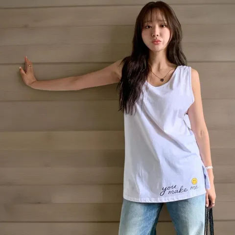 |KHT93CE|여성용 코튼 스마일 프린트 민소매 롱 티셔츠