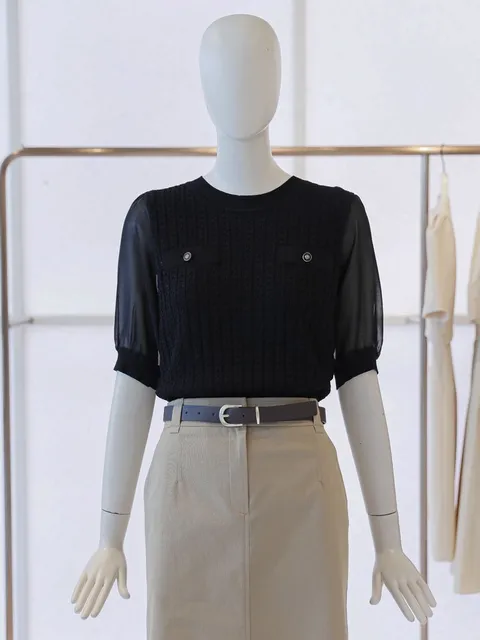 [현대백화점] [CC콜렉트] 시스루 배색 라운드넥 니트티 (E252KSK142)