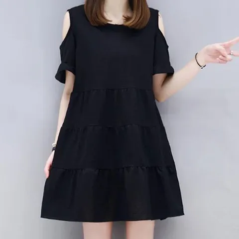 [하프클럽/다잇템]여자 SS 중간 에이라인 어깨트임 검정 원피스