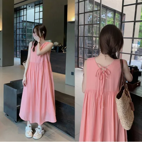 여성 꾸안꾸 루즈핏 민소매 리본 롱 원피스 +할인쿠폰