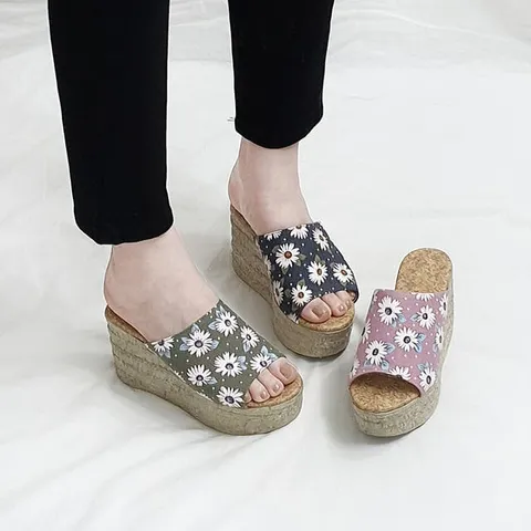 나보 플라워 웨지 키높이 꽃무늬 통굽 슬리퍼 9cm